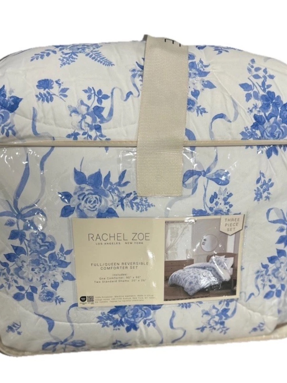 Rachel Zoe Full/Queen Blue and White Reversible Comforter Set  90”x90”